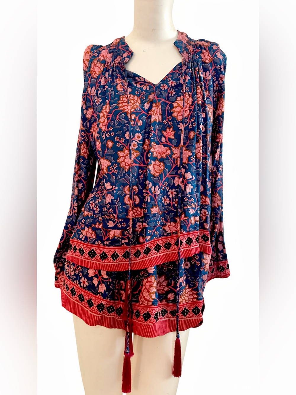 2 Piece NATALIE MARTIN Blouse & Shorts Set with Tassel Ties and Smocking